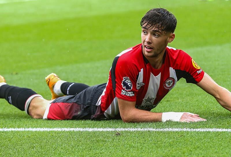 Brentford Football Club Aaron Hickey on the pitch at the Gtech Community Stadium